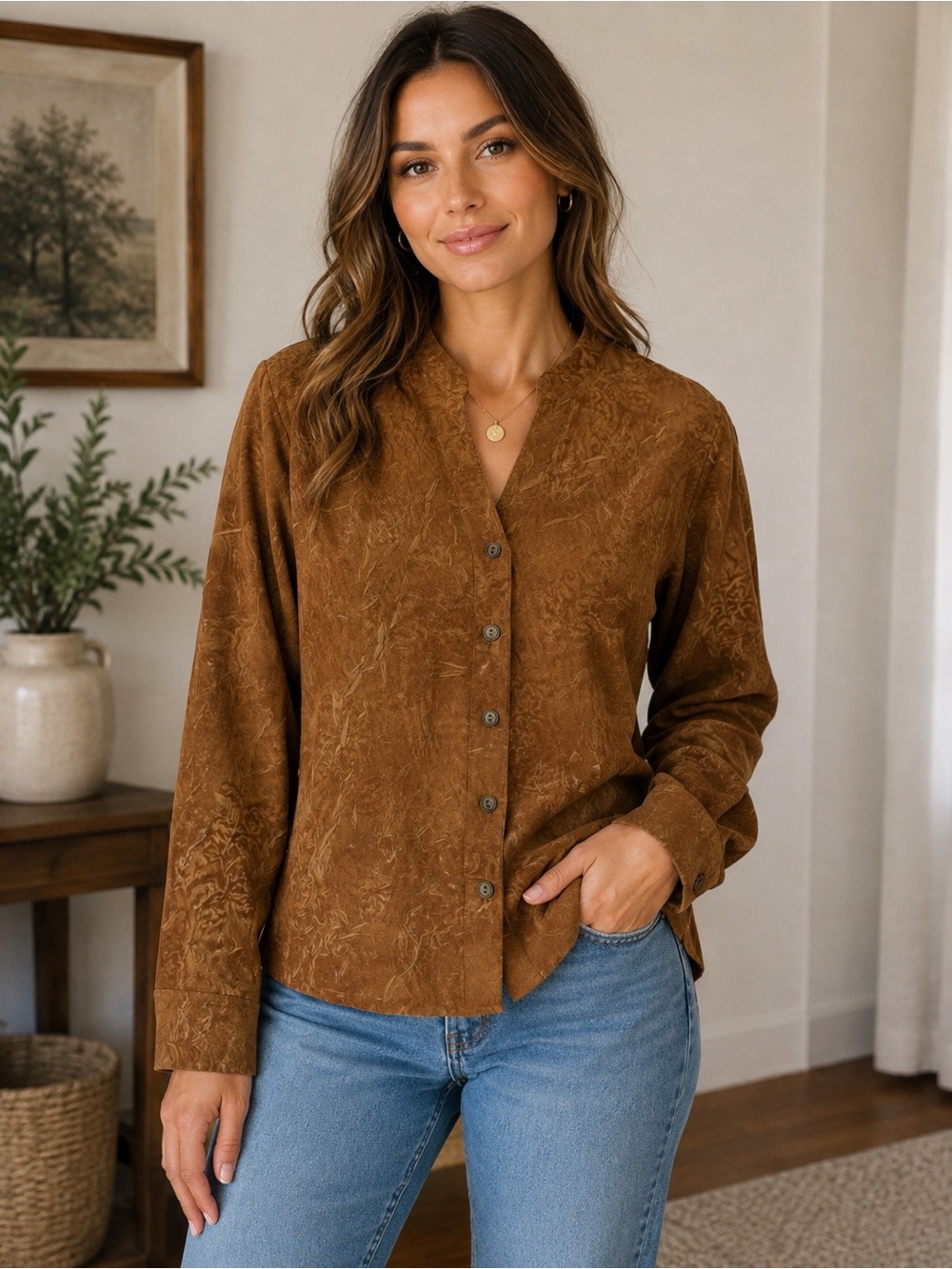 Vintage Christopher & Banks Brown Suede Look Button Front Blouse Textured